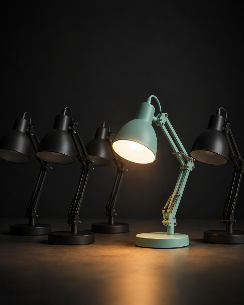 Das Lampl – leuchtende grüne Lampe zwischen dunklen Lampen